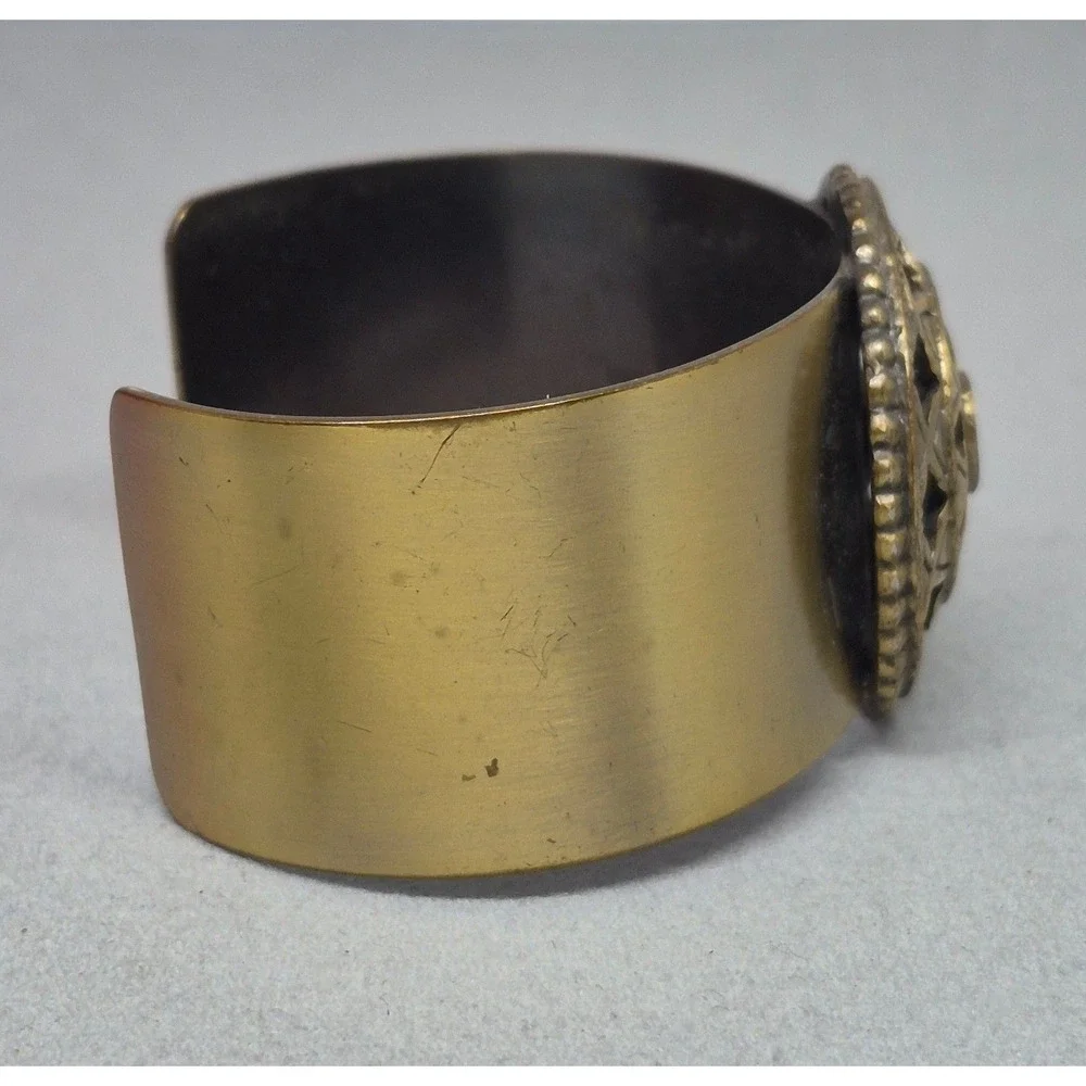 Vintage Brass Cuff Bracelet Woman Gold Tone Medallion Boho Statement Jewelry